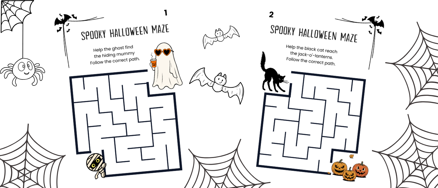 Two Halloween maze activities for kids: a ghost searches for a mummy, and a black cat tries to reach the pumpkins, surrounded by bats, spiders, and webs.