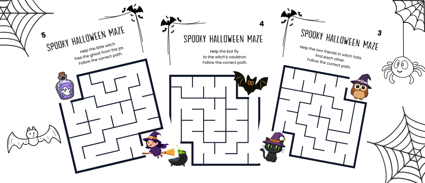 Three Halloween maze activities for kids featuring a witch, bat, owl, and black cat, decorated with spider webs and spooky illustrations.