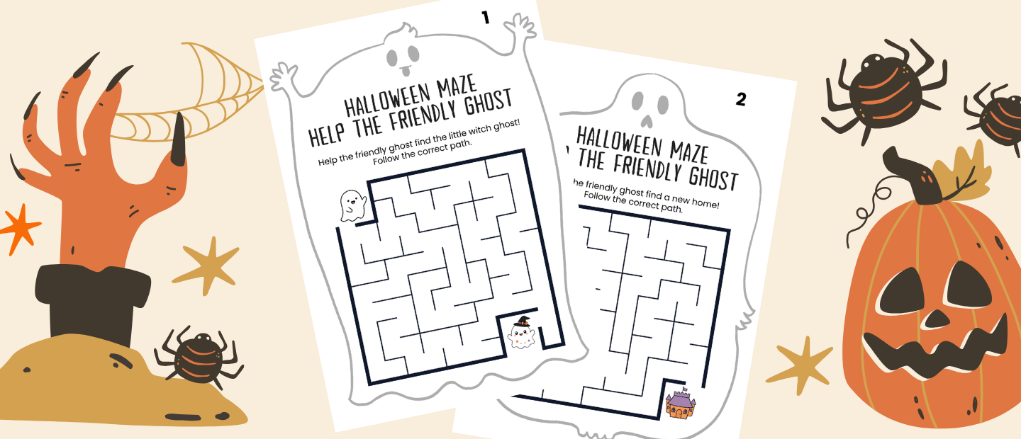 Preview of two free printable 10x10 Halloween mazes for kids featuring a friendly ghost, with pumpkins and spiders.