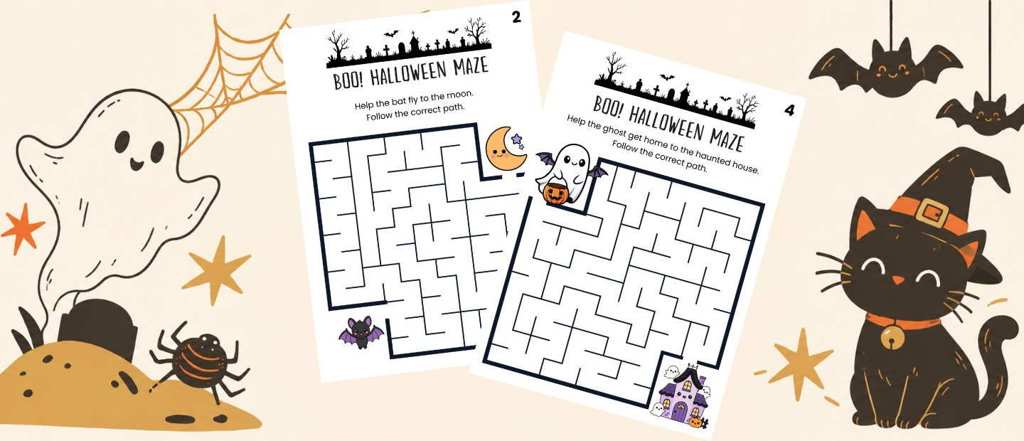 Preview of printable Halloween maze worksheets for kids, featuring cute ghosts, bats, a witch cat, and spooky maze designs.