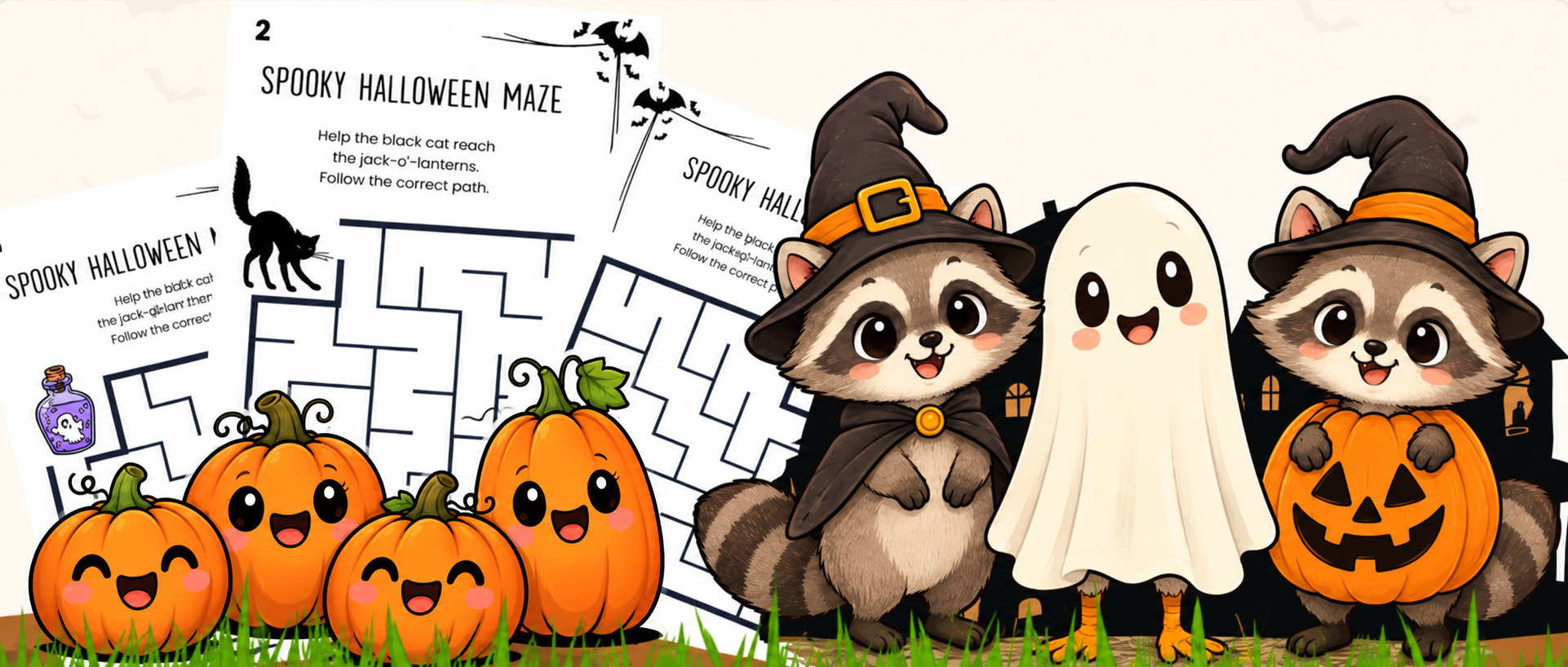 Three printable Halloween mazes for kids featuring a ghost and mummy, a bat and cauldron, and a witch with a magic potion.