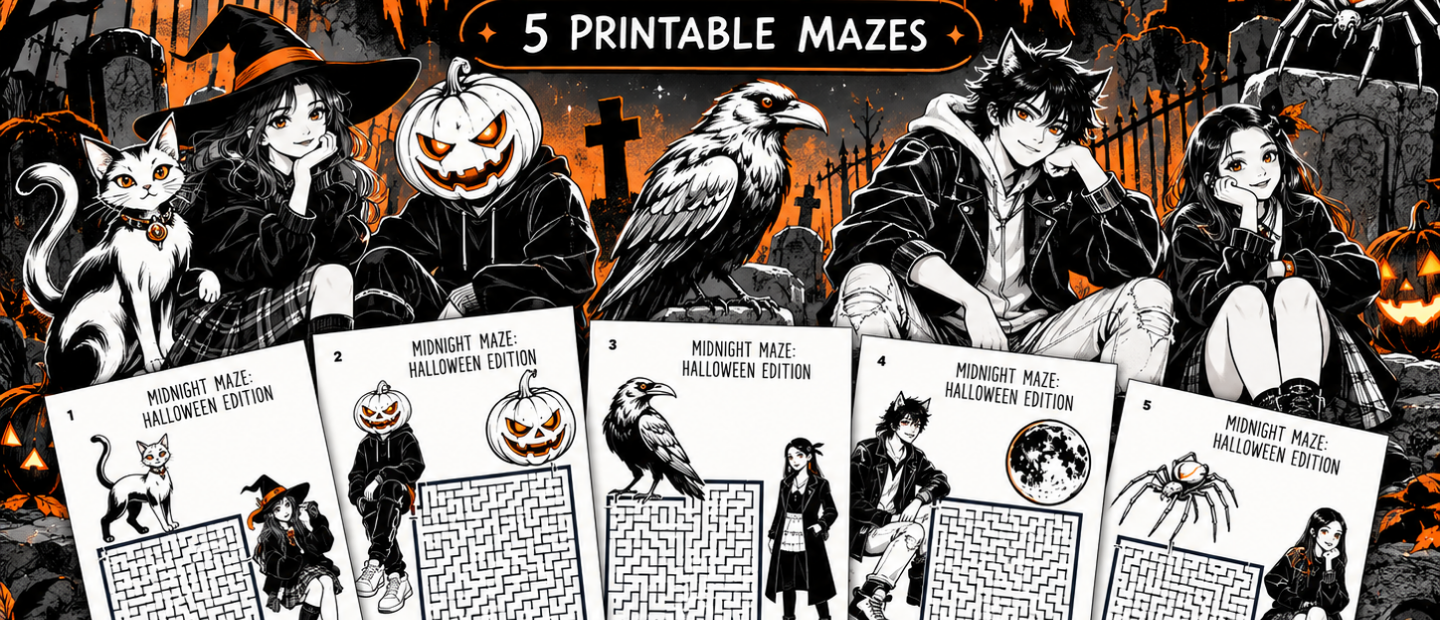 Preview of five printable Midnight Maze: Halloween Edition worksheets featuring a witch, black cat, pumpkin-headed character, raven, werewolf, spider, and spooky Halloween scenery.