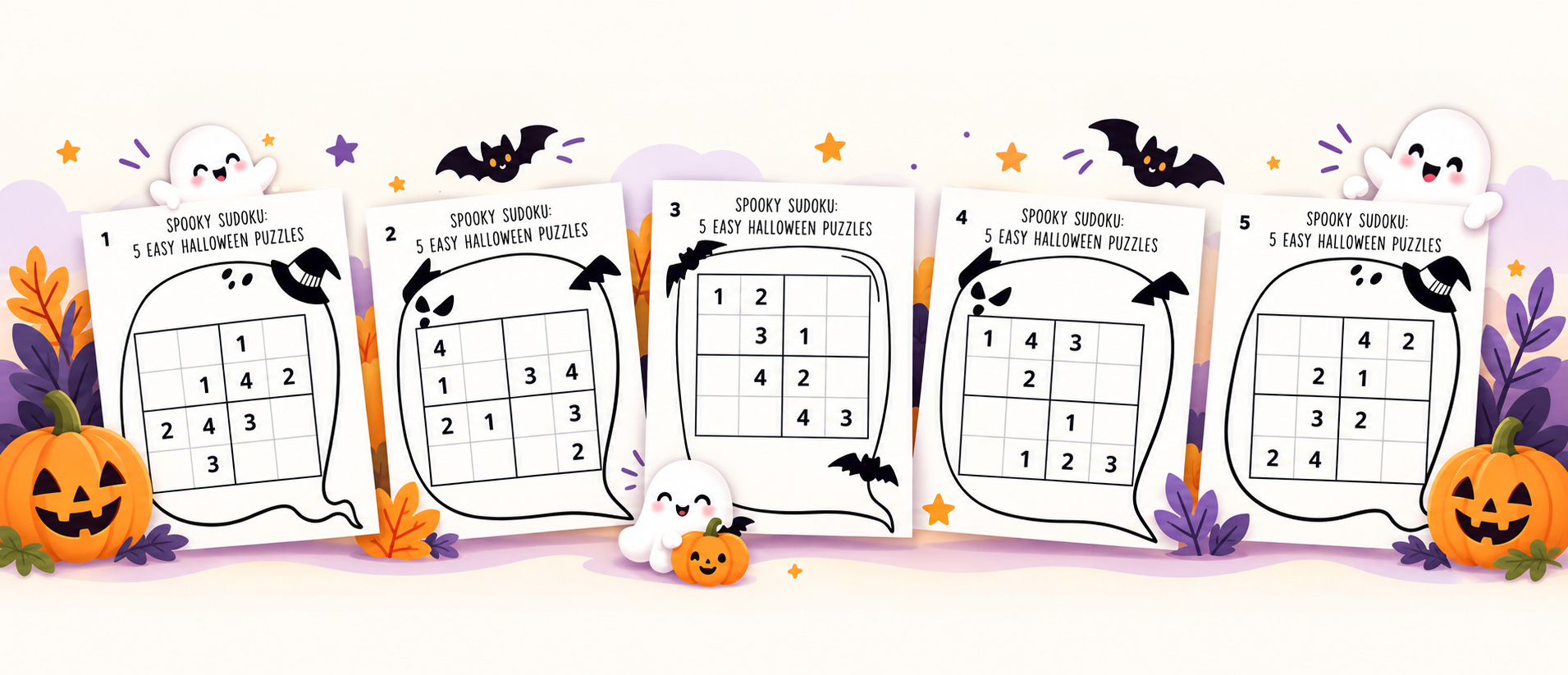 Preview of five easy printable Halloween Sudoku puzzles for kids, decorated with cute ghosts, bats, pumpkins, and purple and orange autumn leaves.