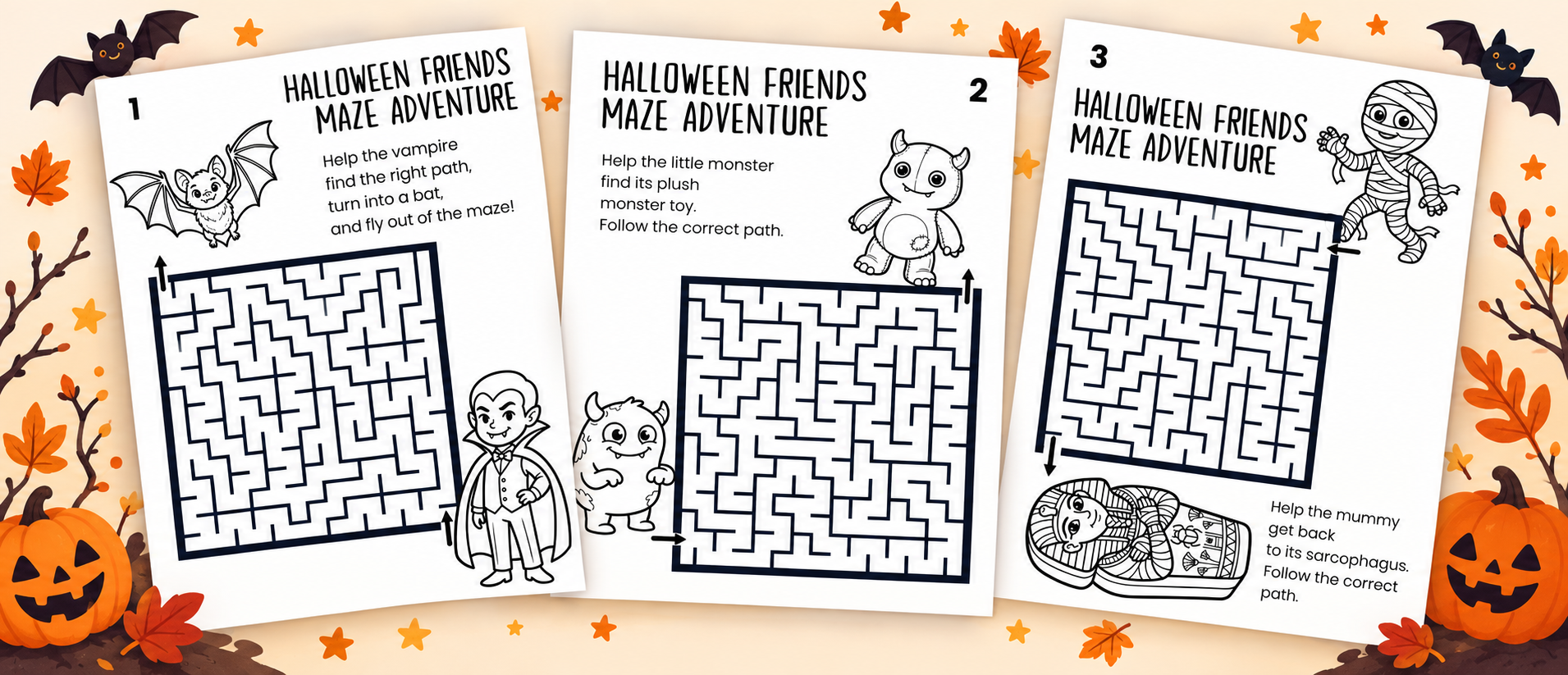 Preview of three printable Halloween maze worksheets featuring a vampire, bat, little monster, mummy, pumpkins, and autumn decorations.
