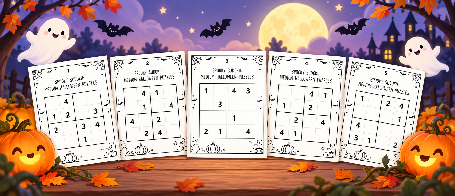 Spooky Sudoku: 5 Medium Halloween Puzzles for Kids – Free Printable