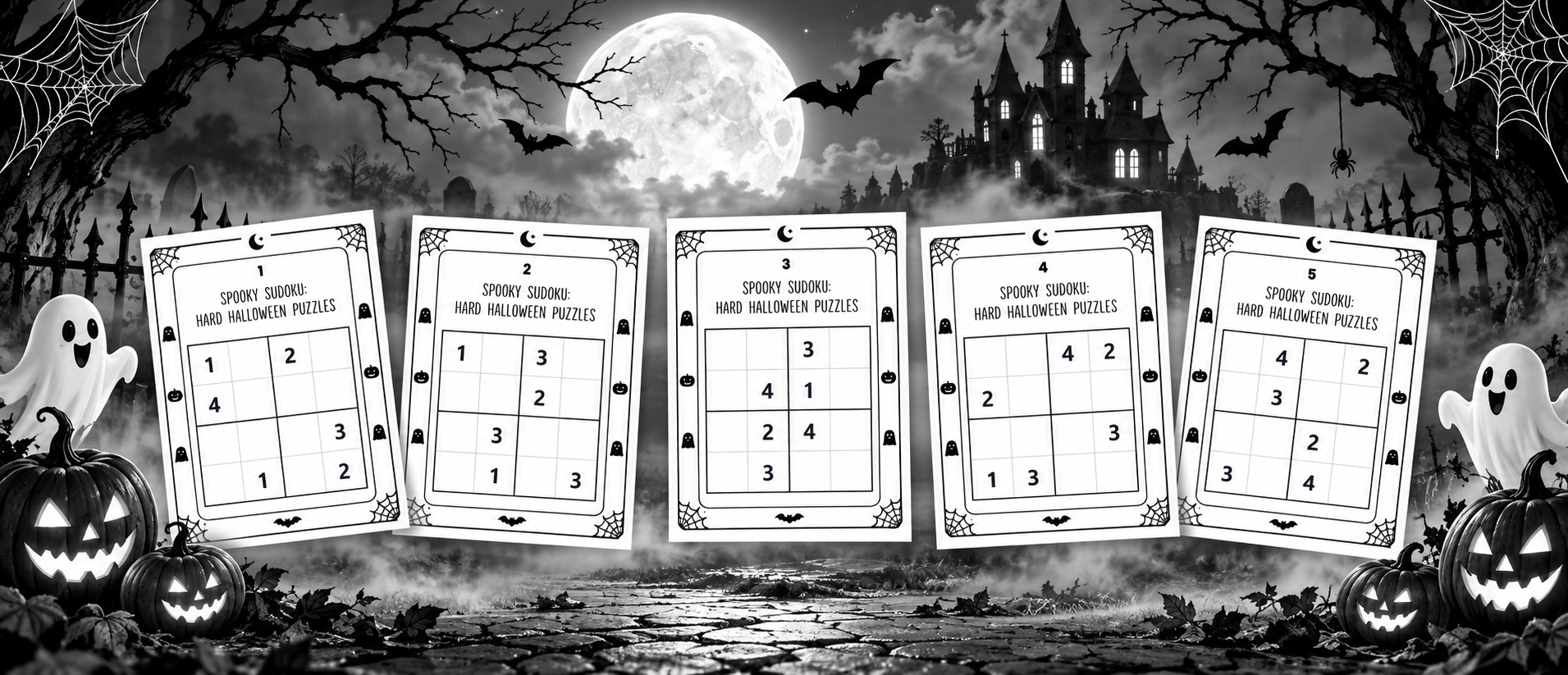 Preview of five hard printable Halloween Sudoku puzzles with ghosts, jack-o’-lanterns, bats, spider webs, a full moon, and a haunted house in a spooky black-and-white scene.