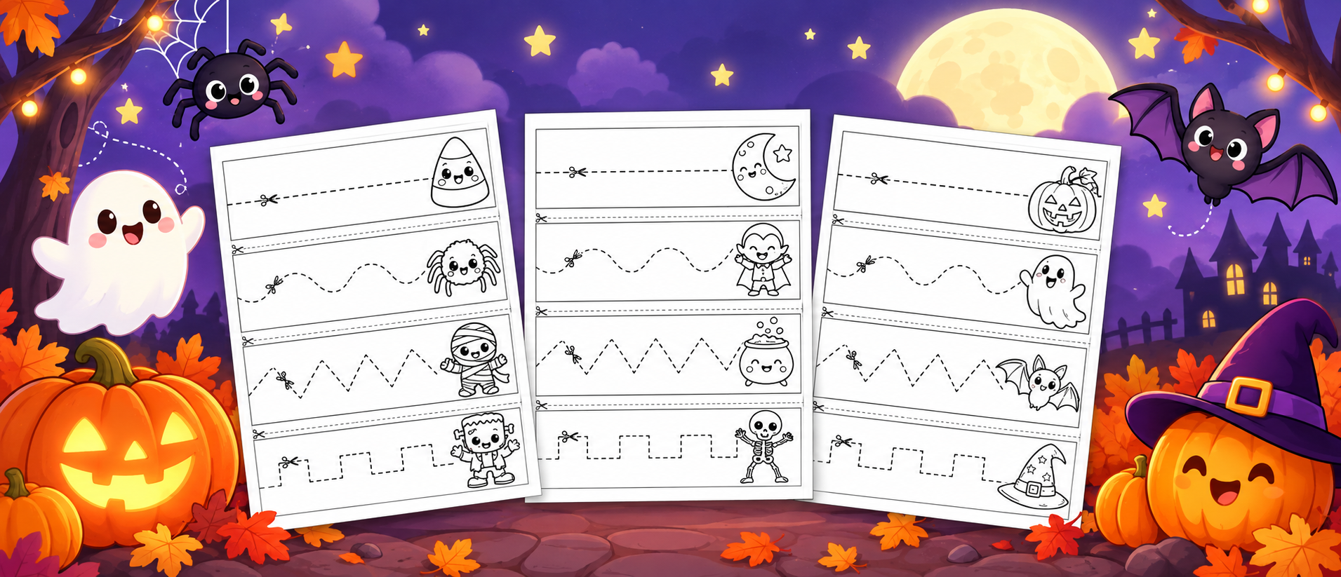 Preview of 12 free printable Halloween cutting practice cards on three A4 pages, featuring dashed cutting lines and cute characters such as a ghost, pumpkin, bat, mummy, skeleton, spider, vampire, and witch hat.
