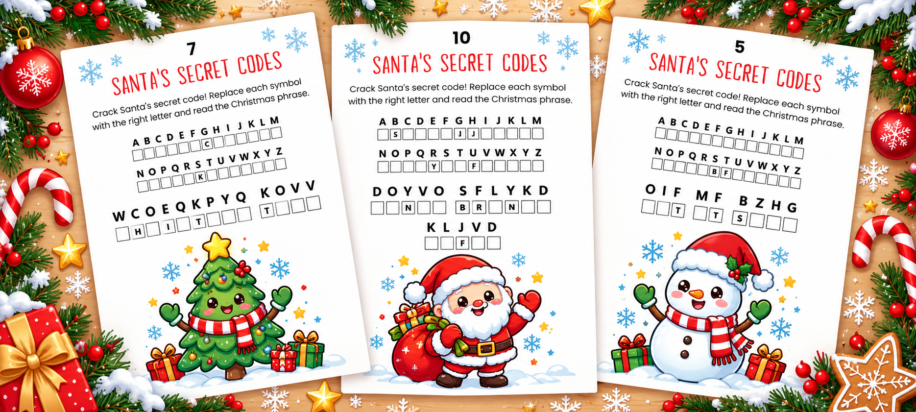 Free printable Christmas cryptogram worksheets for kids ages 6–9, featuring Santa Claus, a Christmas tree, and a snowman in a festive holiday design.