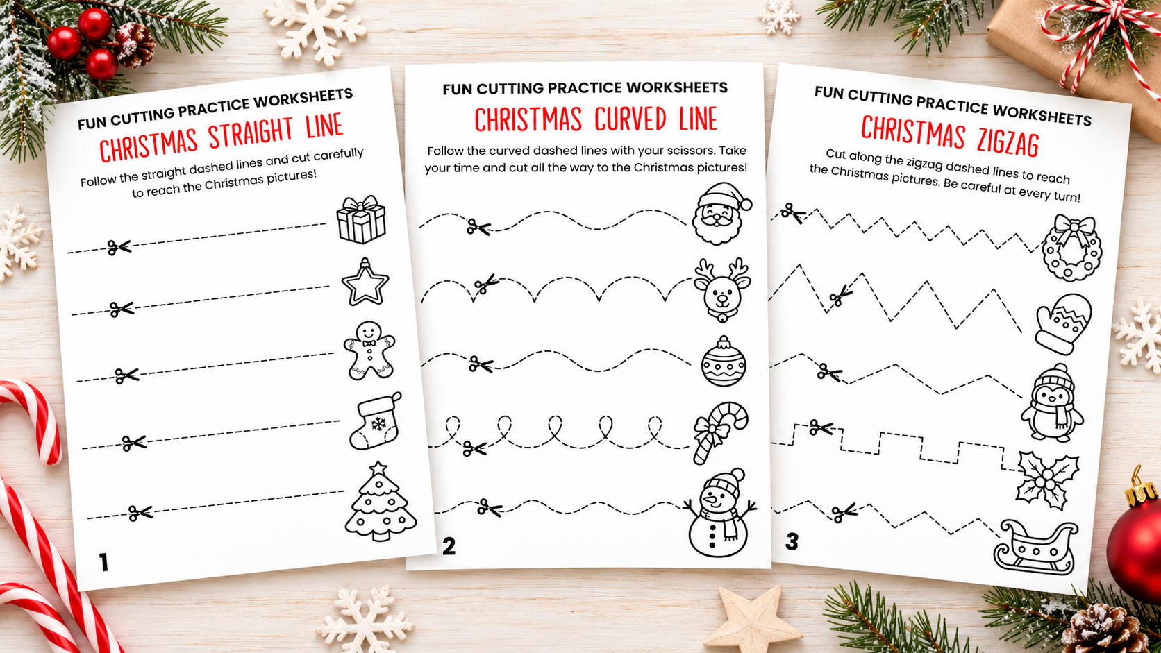 Christmas cutting practice worksheets for preschool and kindergarten kids featuring straight, curved, and zigzag cutting lines – free printable scissor skills activities.