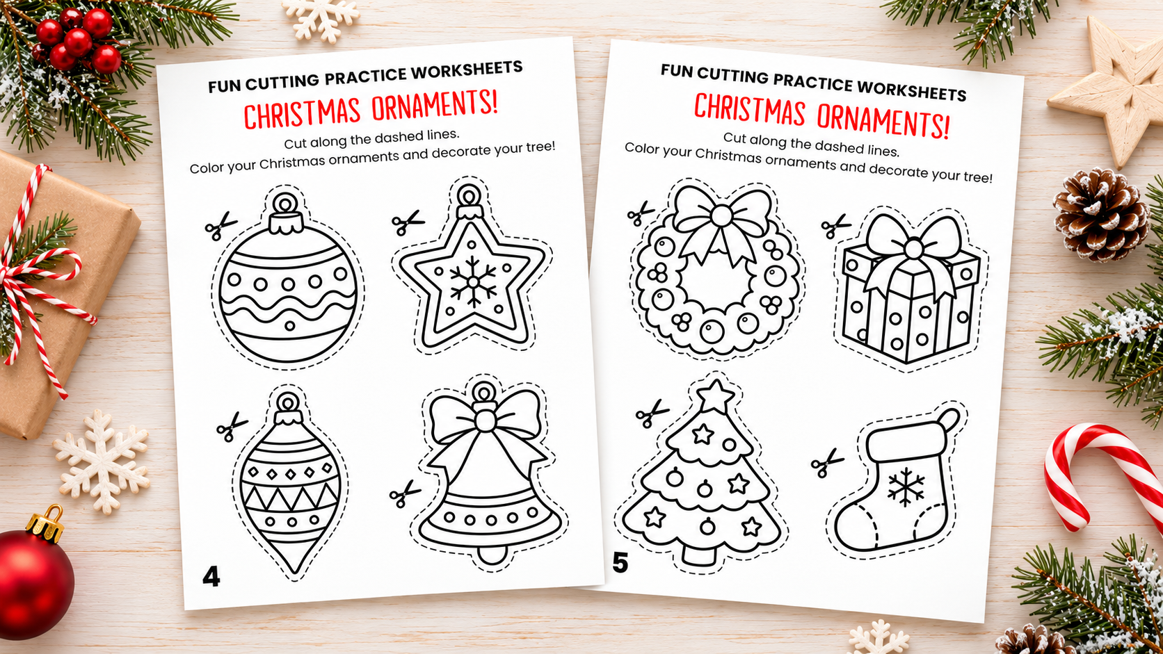 Christmas ornament cutting practice worksheets featuring baubles, stars, bells, wreaths, and festive decorations to color and cut out – free printable Christmas activities for kids.