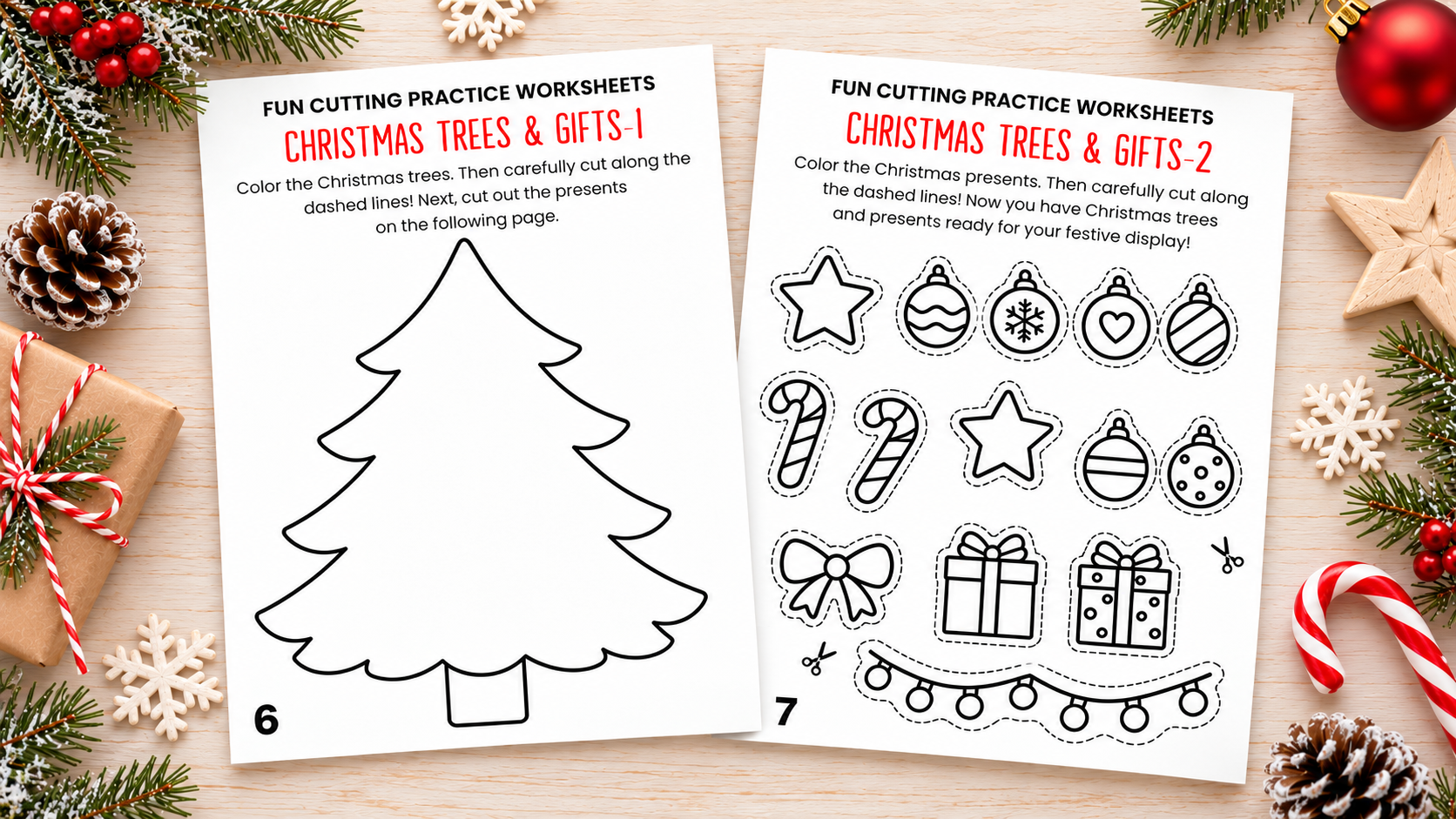 Free printable Christmas tree and gift cutting worksheets for preschool and kindergarten kids, featuring ornaments, candy canes, presents, and festive decorations.