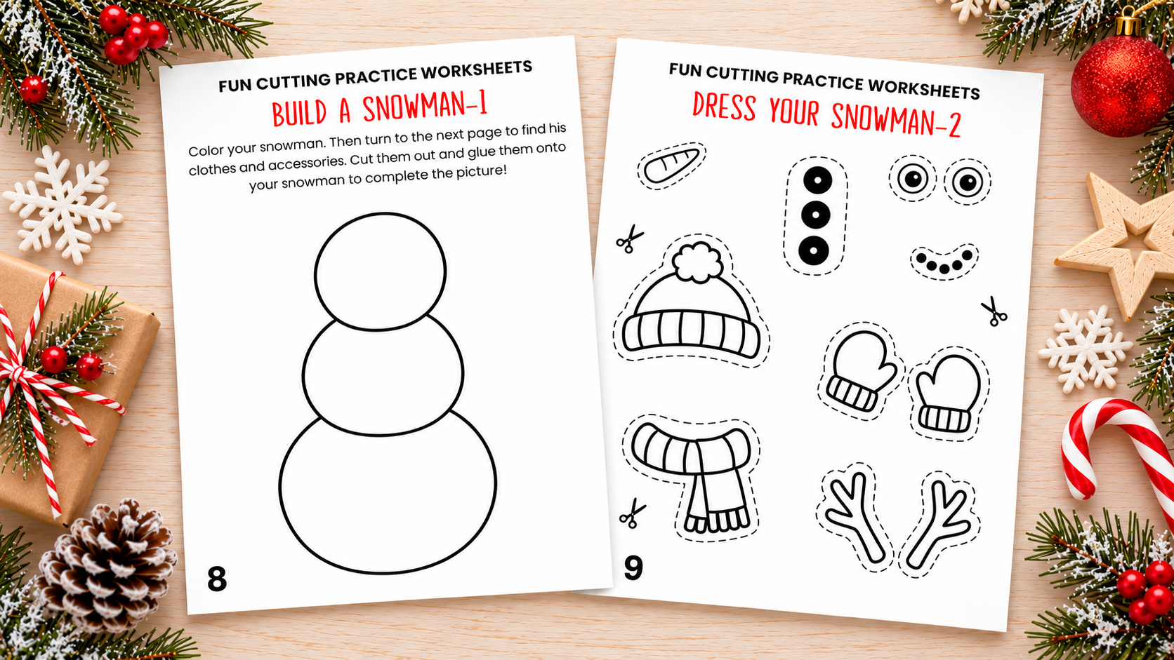 Build a snowman cut and paste worksheets with a snowman template, winter clothes, and accessories – free printable Christmas scissor skills activity for kids.