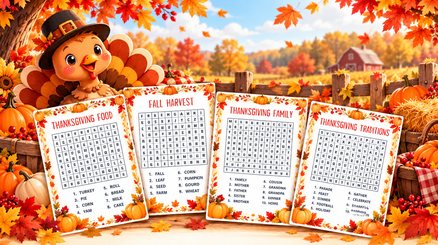 Thanksgiving Word Search Puzzles – 8 Free Printables with Answer Keys