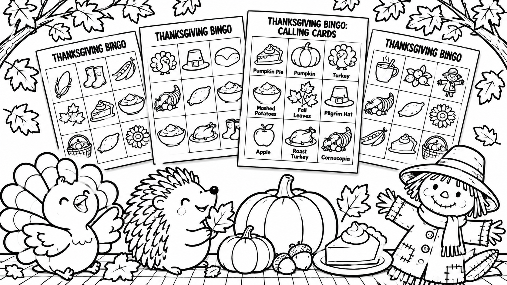 Black and white Thanksgiving Bingo printable cards for coloring