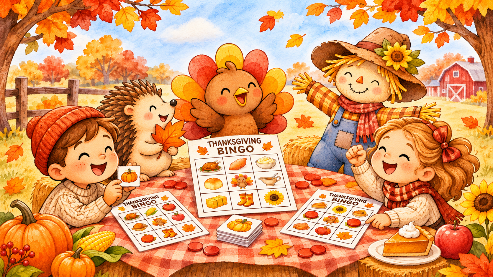 Kids playing Thanksgiving Bingo with colorful picture cards