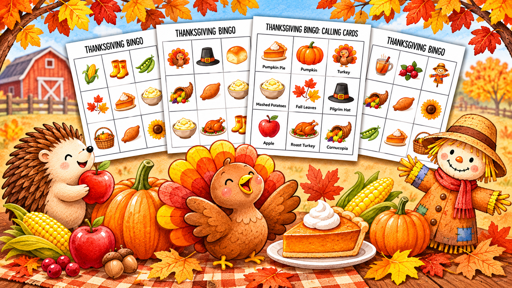 Colorful printable Thanksgiving Bingo cards and calling cards for kids