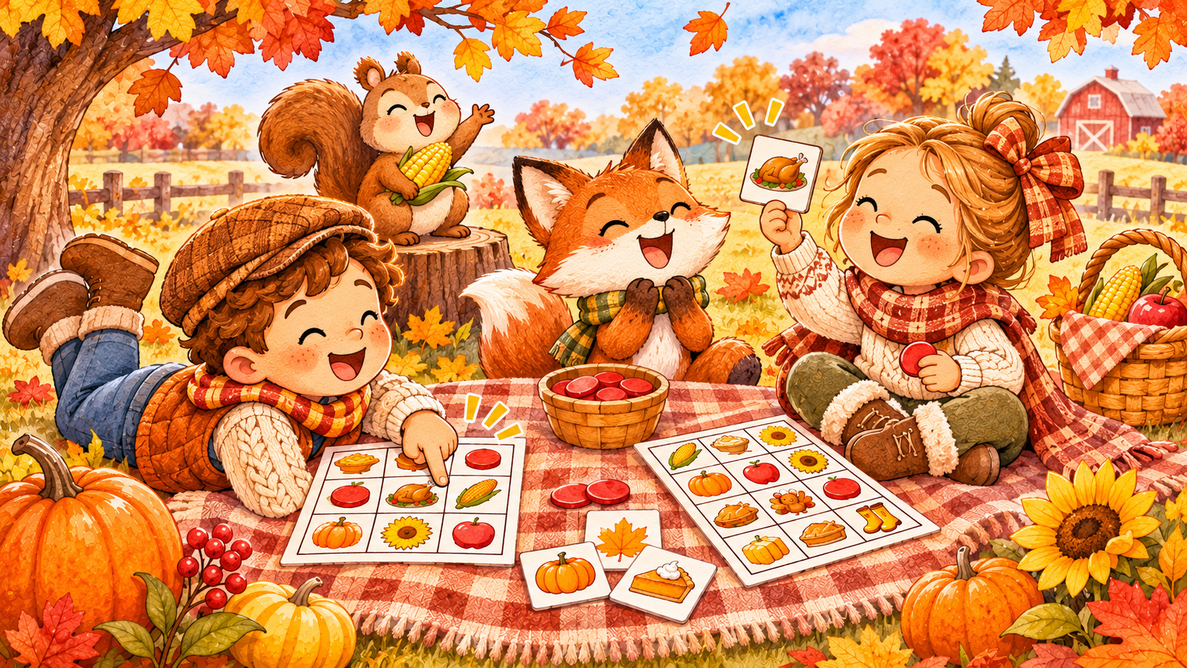 Two happy children playing Thanksgiving Bingo with a cute fox and squirrel in a colorful autumn setting, surrounded by pumpkins, fall leaves, and festive decorations.